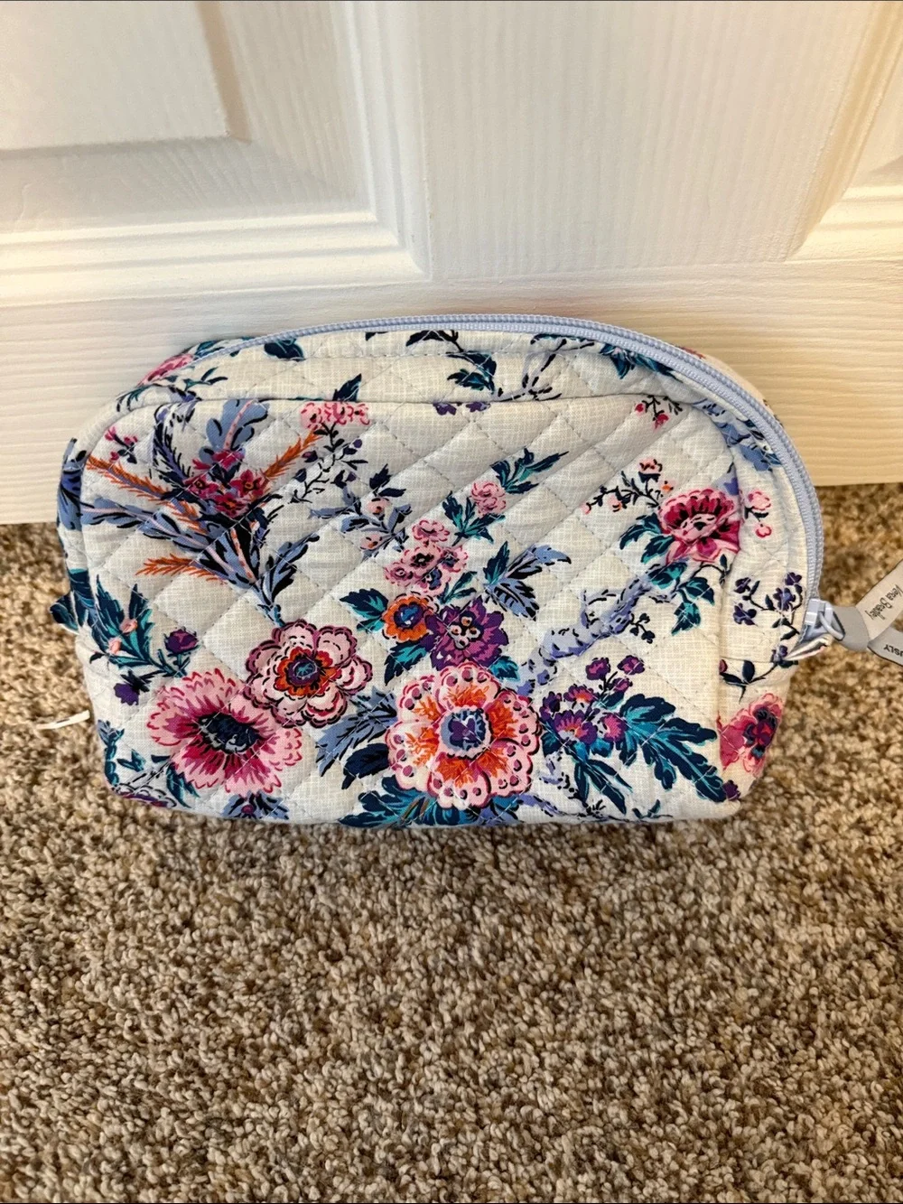 Vera Bradley Quilted Floral Zip Cosmetic Pouch in White with Blue and Pink